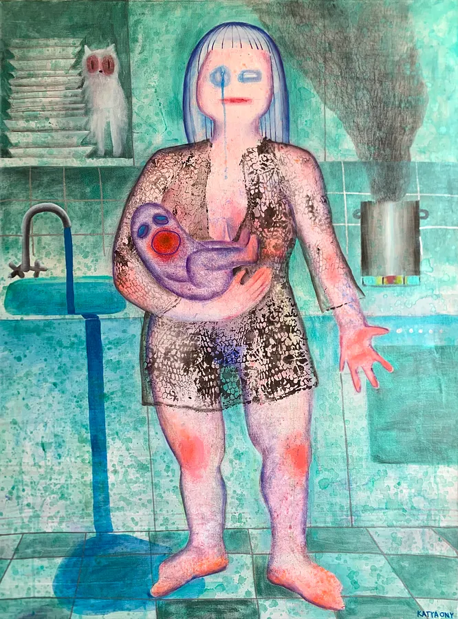 Зображення "Postpartum" від Katya Onyshko, розмір: 120x90cm, матеріали: acrylic, canvas, медіум: Живопис, місто: Kyiv, Ukraine, ціна: $1250